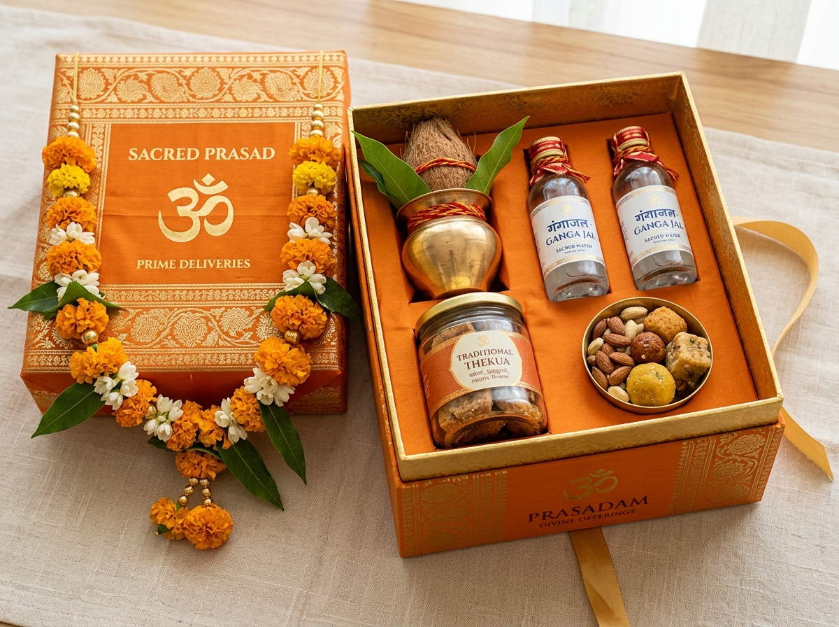 Sacred prasad delivery box being blessed