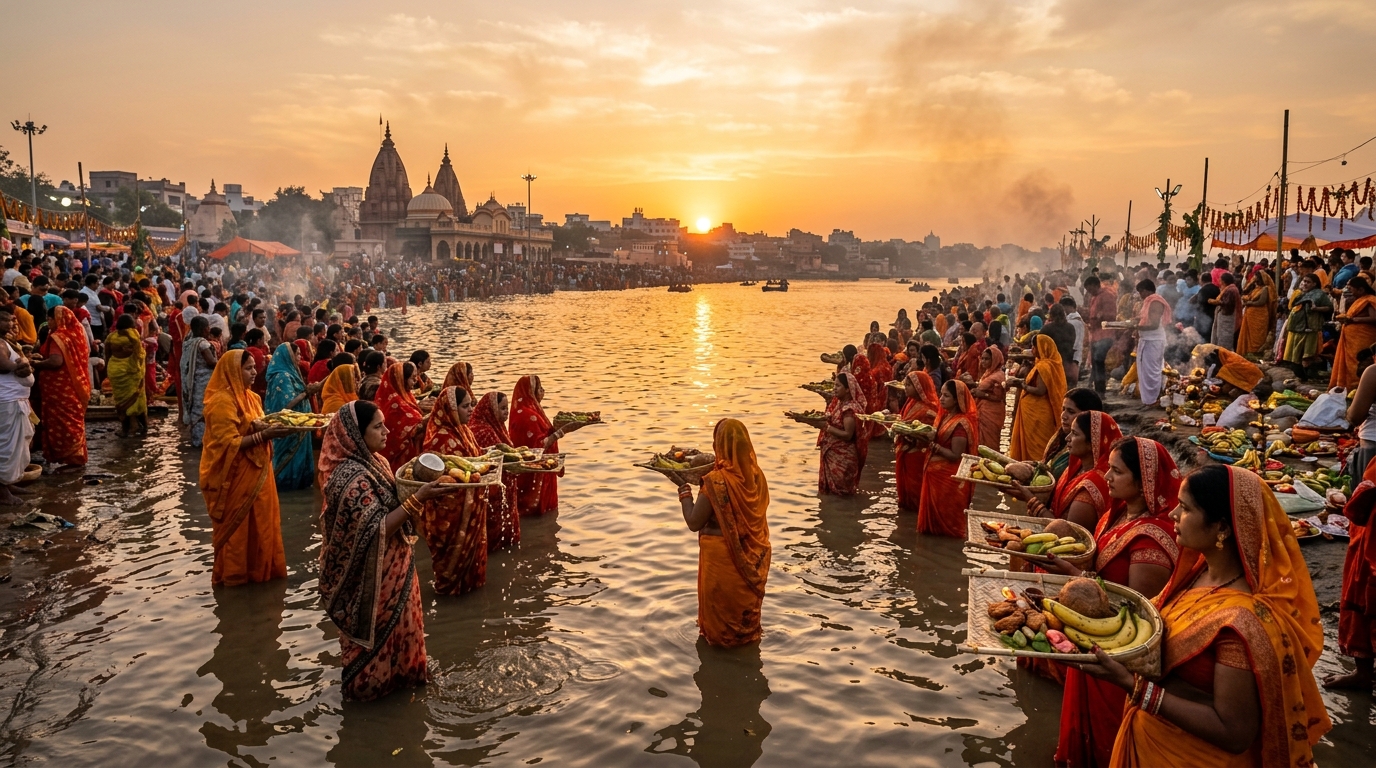 Chhath Puja devotees offering arghya at Ganga Ghat during golden sunset
