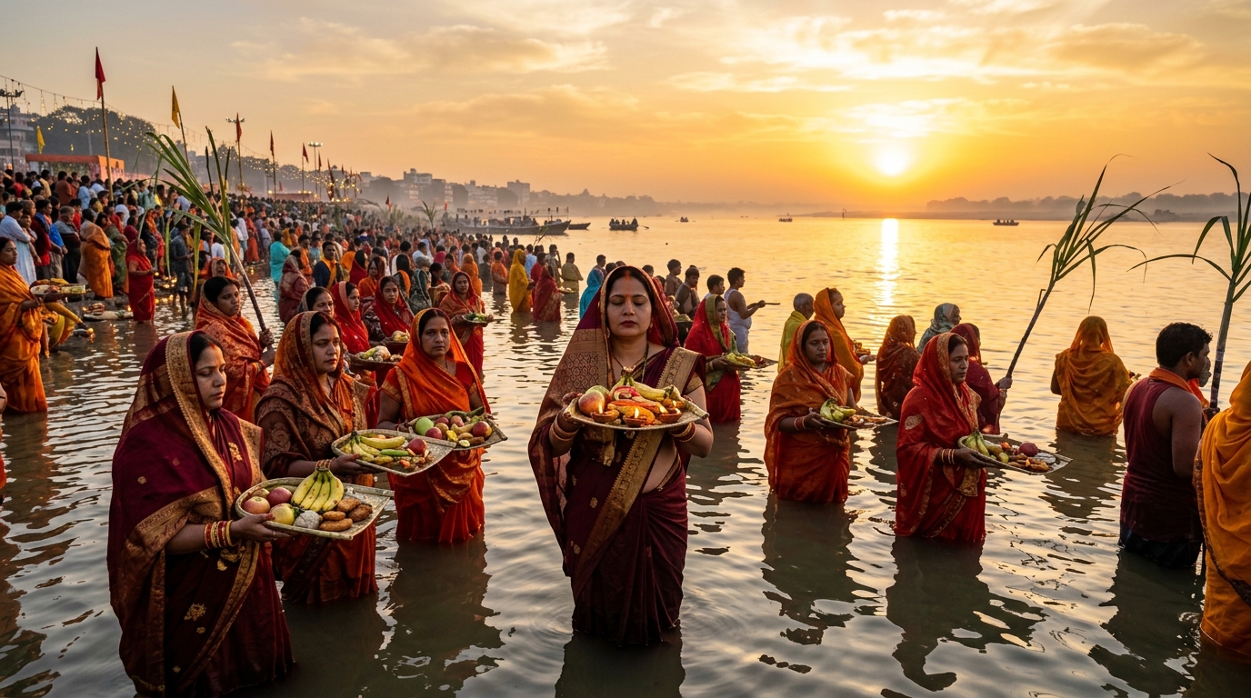 Devotees offering prayers at sunrise on holy Ganga ghat