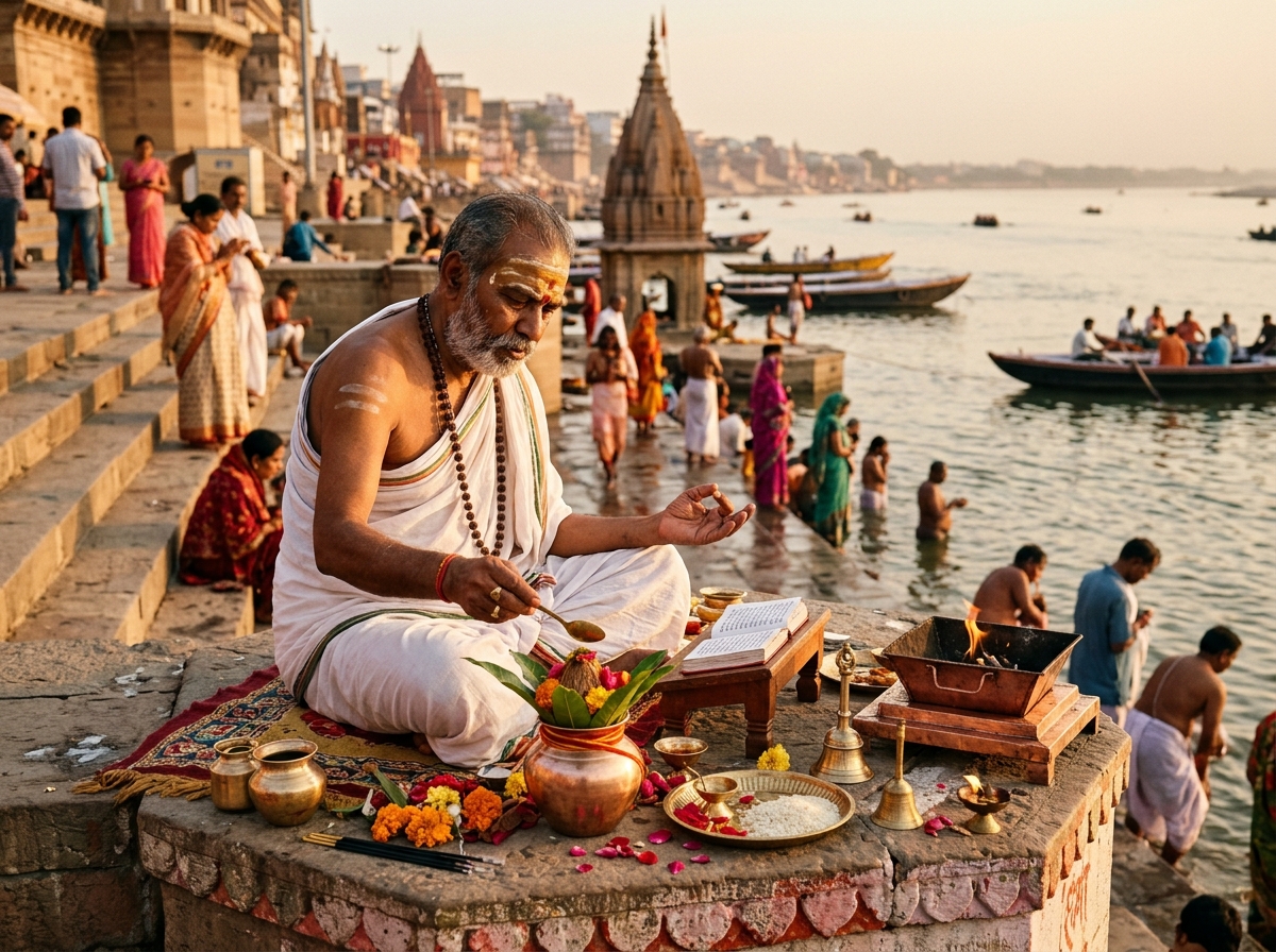 Vedic Pandit holding puja thali chanting sankalp at Ganga ghat