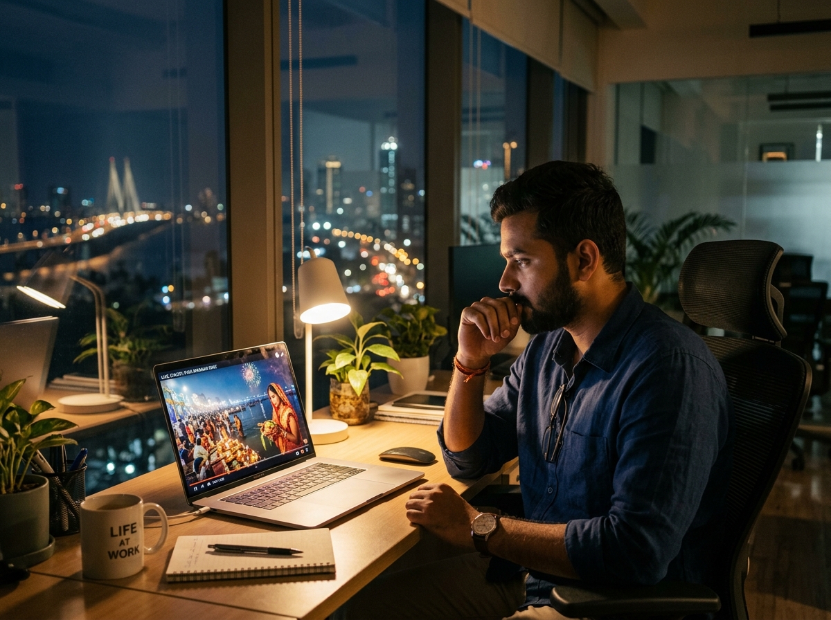 Professional working late at night watching Chhath puja on laptop